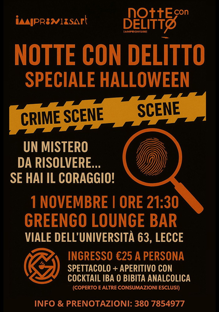 Notte con Delitto Halloween Edition l'1 novembre 2025 al Greengo Lounge Bar a Lecce